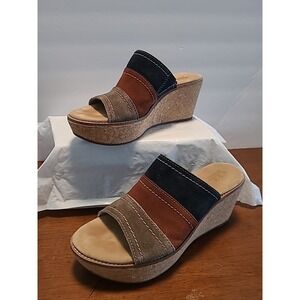 Clarks Aisley Lily Navy Brown Gray Suede Cork Wedge Sandals Boho Sz 8M